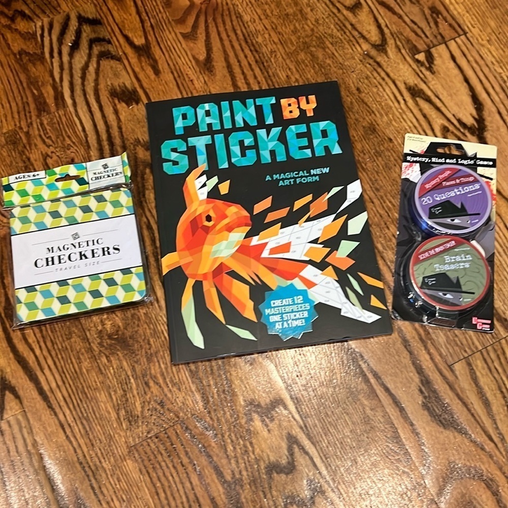 Kids Travel activities bundle includes mini magnetic checkers, stickers and card